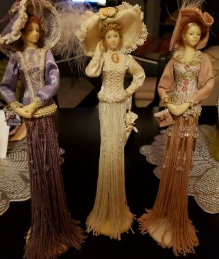 Vintage Victorian Style 11 " Set Of 3 Dolls Figurines,  With Stands