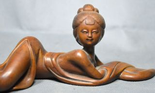 China Ancient Collectable Boxwood Hand Carve Classical Belle Auspicious Statues