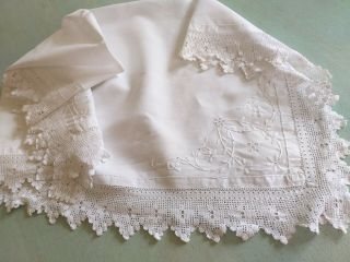 Lovely Vintage White Linen Hand Embroidered Tablecloth With Cotton Lace Edge