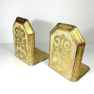 Pair Florentine Wooden Tole Bookends Gold Gilt Italian Hand Painted Italy Wood