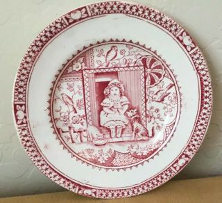 Antique Vintage Staffordshire England Children’s Plate,  Faded Red,  Little Girl