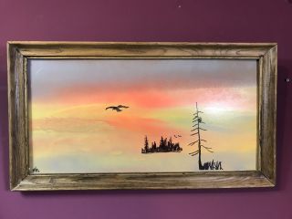 Vintage Signed Oil On Board Painting Of A Sunset On Lake Oak Wood Frame