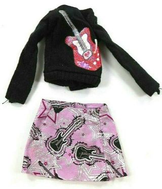 Barbie Vintage Two Piece Outfit Black Guitar Top & Purple Skirt W/guitar Print