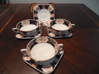 Antique Napoli Wood&sons Blue,  England 3sets - Cream Soup Bowl With Plates,  Cobalt