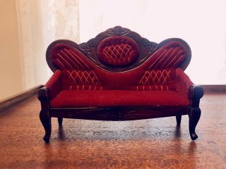 Victorian - Style Dollhouse Sofa - Red Velvet Wood Antique Parlor Couch
