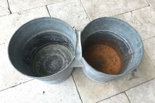 Vintage Antique Galvanized Double Tandem Connected Bucket Buckets Farm Country 2