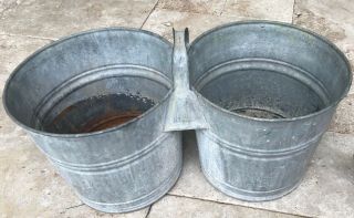 Vintage Antique Galvanized Double Tandem Connected Bucket Buckets Farm Country 3
