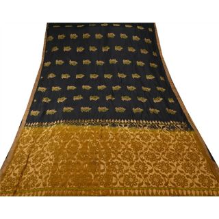 Sanskriti Vintage Black Saree Pure Silk Woven Craft 5 Yd Fabric Premium Sari 4