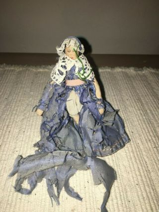 Antique Miniature Cloth Doll With Very Old Tattered Silk Dress Or Doll 