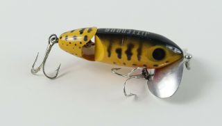 Vintage Fred Arbogast Wooden Jointed Yellow Tiger Jitterbug Musky Fishing Lure