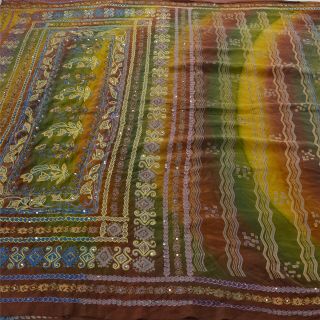 Sanskriti Vintage Saree Pure Crepe Silk Hand Embroidered Craft 5 Yd Fabric Sari
