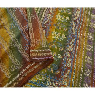 Sanskriti Vintage Saree Pure Crepe Silk Hand Embroidered Craft 5 Yd Fabric Sari 2