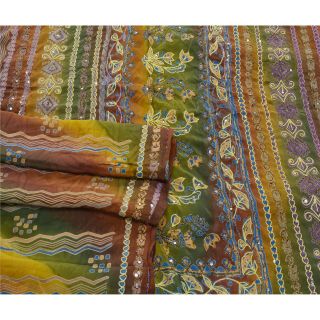 Sanskriti Vintage Saree Pure Crepe Silk Hand Embroidered Craft 5 Yd Fabric Sari 3