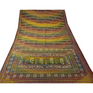 Sanskriti Vintage Saree Pure Crepe Silk Hand Embroidered Craft 5 Yd Fabric Sari 4