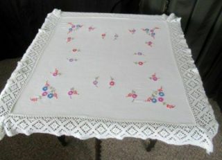 VINTAGE TABLECLOTH HAND EMBROIDERED with FLOWERS,  LACE EDGE DGE 2