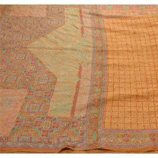 Tcw Vintage Brown 100 Pure Silk Saree Hand Embroidered Craft Fabric Kantha Sari