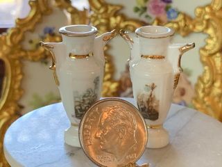 Artisan Miniature Dollhouse Porcelain 2 Figural Vases Gilt France Roman Scenes