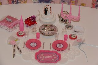 Barbie Wedding Set Cake Topper Candelabra Bridal Bouquet Dishes Accessories