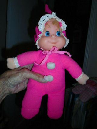 Vintage Mattel Baby Beans Doll 1970 Neon Pink Hat Vinyl Face