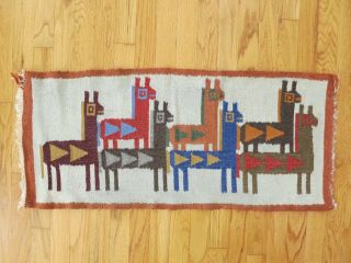 Vintage Small Pictorial Flat Woven Hand Woven Rug Tapestry Llamas
