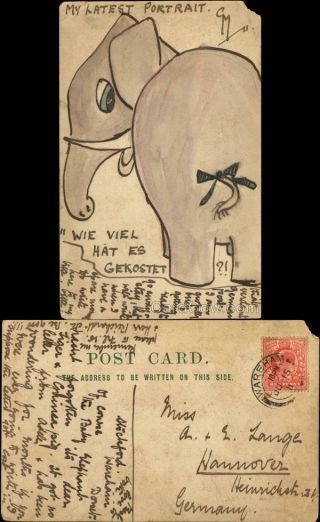 Hand Drawn 1911 My Latest Portrait - Elephant Antique Postcard 1 Penny Stamp