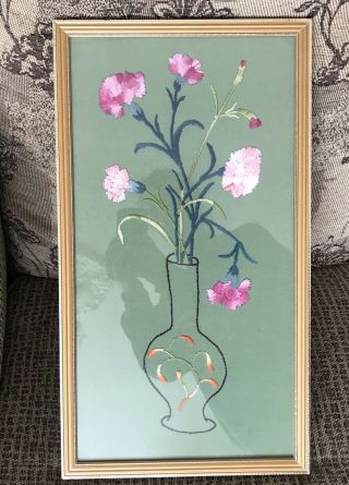 Vintage Large Hand Embroidered Purple Flower Picture In Gold Wooden Frame