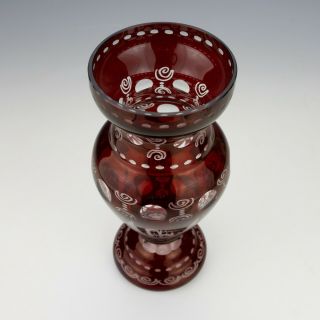 Antique Bohemian Glass - Ruby Overlay Cut & Etched Castle & Bird Vase - Lovely 5