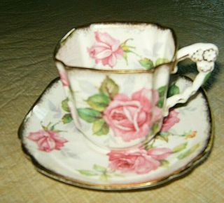 Royal Stafford Antique Square Cup Saucer - Berkeley Rose Floral Handle Perfect