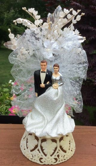 Vintage Bride and Groom Wedding Cake Topper 25th Silver Anniversary Dated 1959 2