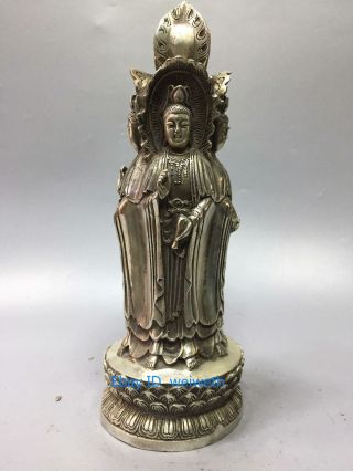 Chinese Tibet Silver Hand Carved Buddha Guanyin Statue W Qianlong Mark