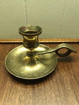 Antique Solid Brass Chamberstick Candle Holder With Finger Loop Patina