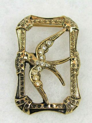 Small Vintage Antiqued Gold Tone Swallow Bird In Picture Frame Brooch Pin