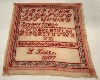 Antique C.  1907 Dutch Red Alphabet Cross Stitch Sampler - Letters & Numbers