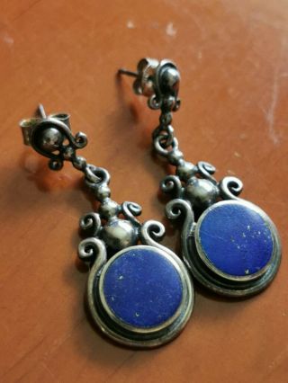 Antique 925 Silver Lapis Lazuli 1.  5 Inch Ornate Drop Earings 12 Mm Across