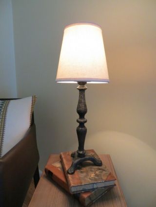 Pottery Barn Rustic Cast Iron/antique Bronze Finish Small Lamp With Linen Shade
