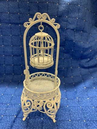 White Wicker Look Metal Vintage Miniature Dollhouse Bird Stand And Cage