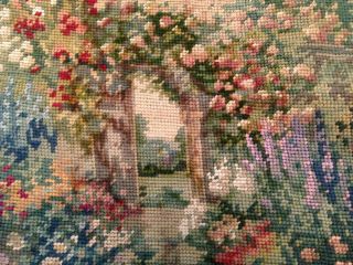 Vintage Hand Embroidered Wool Tapestry Picture Pretty Garden Flowers