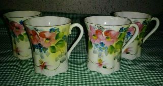 Antique Set Of 4 Nippon Hand Painted Chocolate Cups Poppies Forget Me Nots Exc