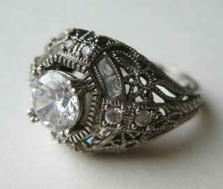 Fine Vintage Sterling Silver 1.  25ct Cubic Zirconia Cz Art Deco Style Ring 6.  5