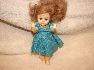 Vintage Doll Hard Plastic 7 1/2 Inch Unmarked Doll Ginny Style Walker Blue Dress