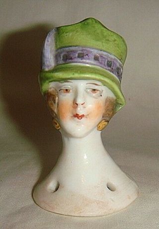 Vintage German Half Doll Head With Green Hat