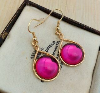 Vintage - Hot Fuschia Pink Glass Cabochon - Antique Gold Drop Dangle Earrings