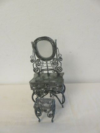 Vtg Miniature Wire & Mesh Vanity Dressing Table W/ Mirror &stool Doll House 1:12