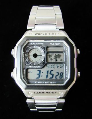 Casio Ae - 1200wh 3299 Illuminator Chrono Dvr Watch - Wr,  5 Alarms,  World Time - Xlnt