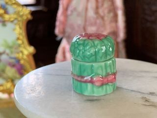 Artisan Miniature Dollhouse Porcelain Asparagus Lidded Jar Pink Bow France 1:12