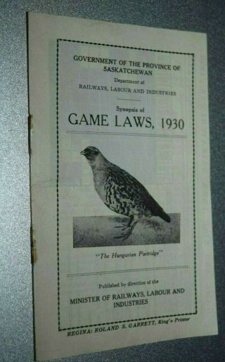 Antique Saskatchewan Game Laws Booklet 1930 Synopsis Hunting License