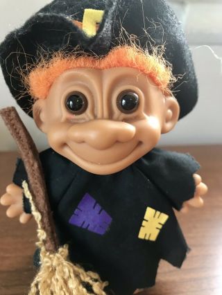 Vintage Russ Troll Doll 5 " Halloween Witch With Broom Orange Hair