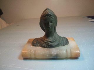 Antique Bronzed Signed Bust Of - -  Beatrice  - - - - Paper Weight On Marble Base 2