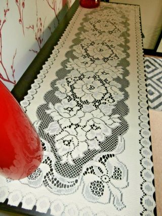 Pretty Vintage Style Ivory Polyester Lace Table Runner Rose Design 42 " X 14 "