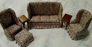 Vintage Doll House Wood & Fabric Living Room Furniture Sofa Chairs Tables